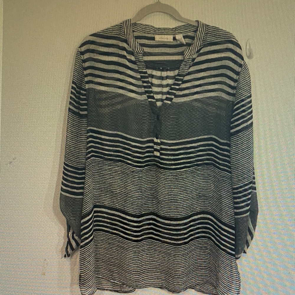 Striped V-Neck Long Sleeve Tunic Top - Black & White